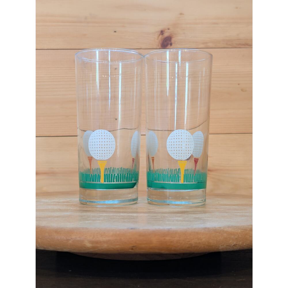 Vintage Golf Themed Highball Glasses – Set of 2 – Golf Ball & Tee Design – 6.25"